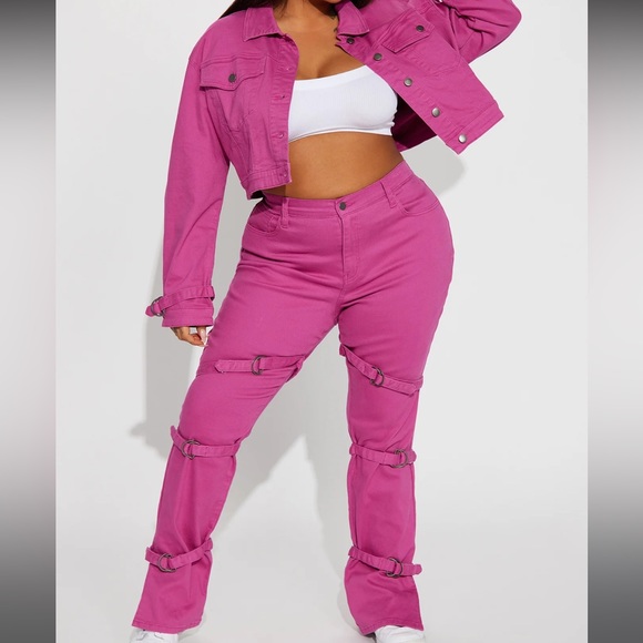 Lovefool Strappy Split Hem Straight Leg Jeans - Magenta - Picture 1 of 6